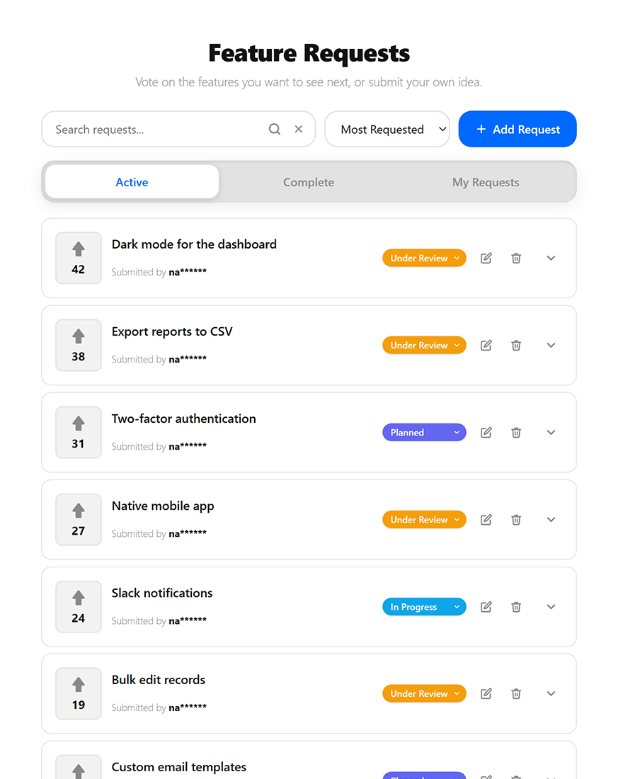 FeatureMap voting board showing feature requests with vote counts and statuses
