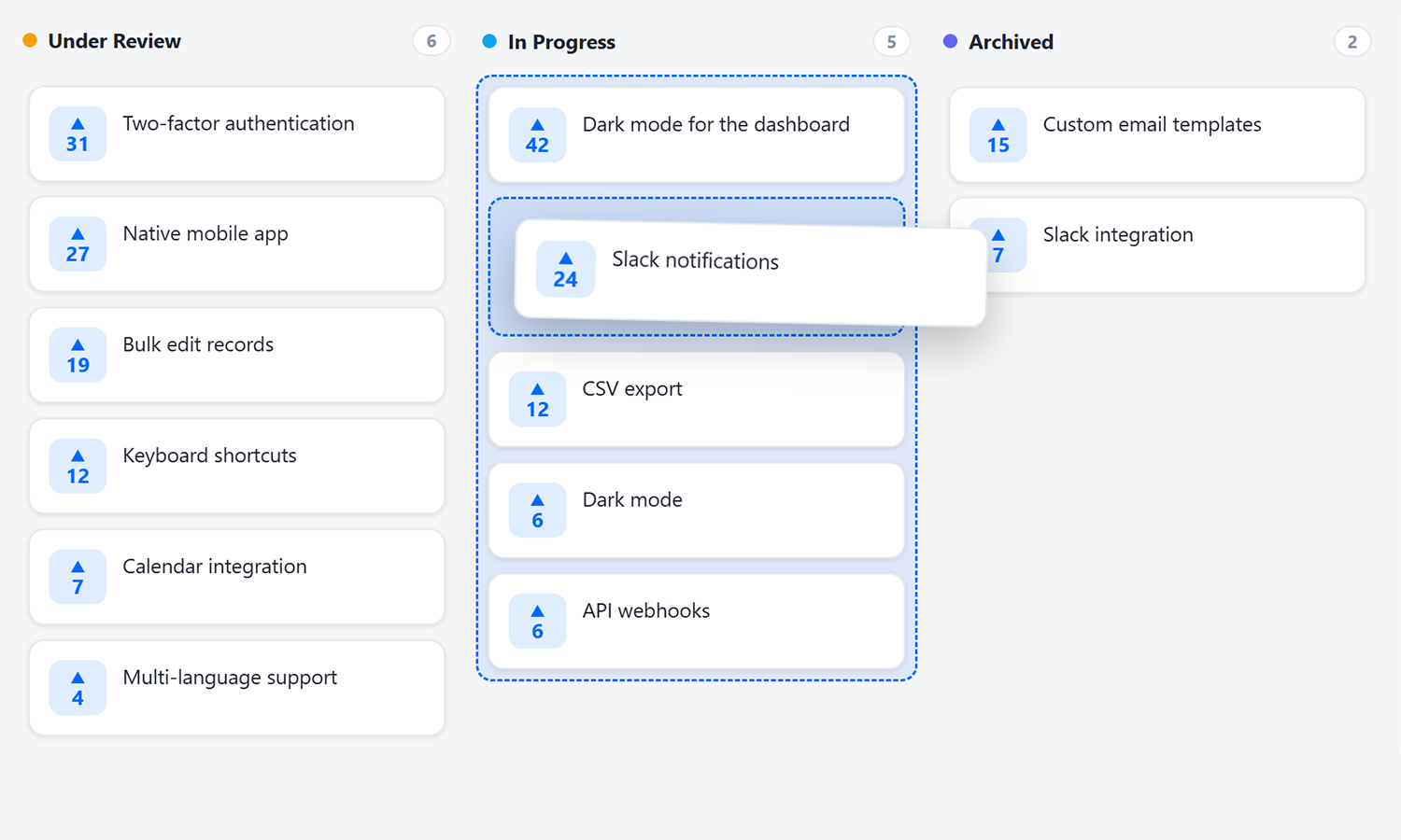FeatureMap kanban board with draggable cards